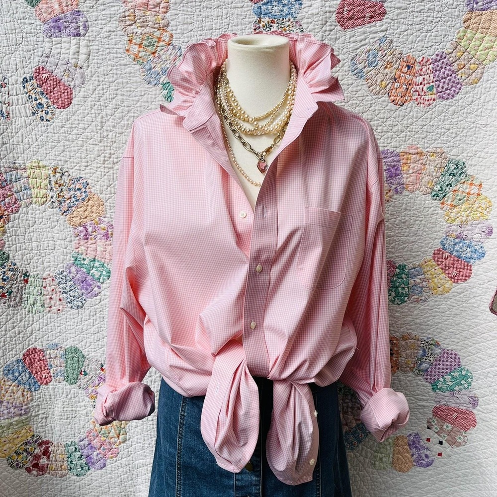 Upcycled NWT Brooks Brothers Peach & White Micro Gingham Ruffle Collar Shirt XXL